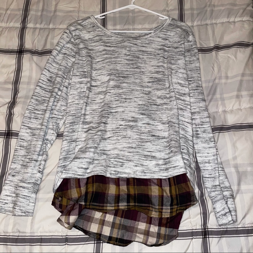 Grey Sweater with Layered Plaid Look